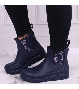 STELLA Dunkelblaue kurze Gummistiefel Gummistiefeletten mit Blumen gemustert für Damen bequem superleicht Lemigo