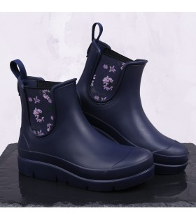 STELLA Dunkelblaue kurze Gummistiefel Gummistiefeletten mit Blumen gemustert für Damen bequem superleicht Lemigo