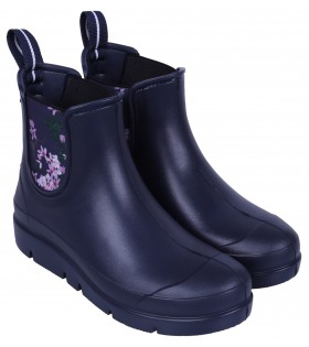 STELLA Dunkelblaue kurze Gummistiefel Gummistiefeletten mit Blumen gemustert für Damen bequem superleicht Lemigo