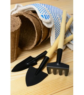 Set aus kleinen Gartenwerkzeugen, Kelle, Pflanzmaschine, Rechen