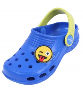 Kornblumenfarbene + neonfarbene Clogs Gartenclogs Badeschuhe für Kinder mit Emoticon superleicht bequem praktisch LEMIGO