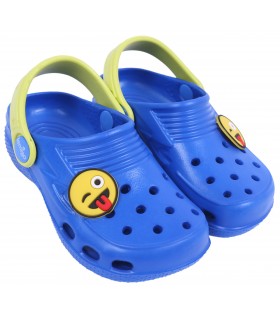 Kornblumenfarbene + neonfarbene Clogs Gartenclogs Badeschuhe für Kinder mit Emoticon superleicht bequem praktisch LEMIGO