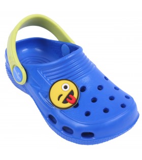 Kornblumenfarbene + neonfarbene Clogs Gartenclogs Badeschuhe für Kinder mit Emoticon superleicht bequem praktisch LEMIGO