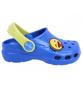 Kornblumenfarbene + neonfarbene Clogs Gartenclogs Badeschuhe für Kinder mit Emoticon superleicht bequem praktisch LEMIGO