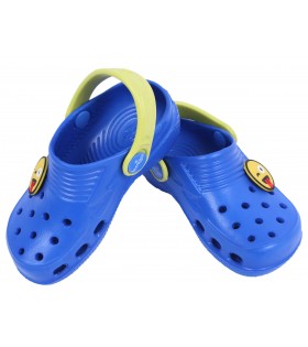 Kornblumenfarbene + neonfarbene Clogs Gartenclogs Badeschuhe für Kinder mit Emoticon superleicht bequem praktisch LEMIGO