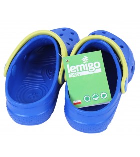 Kornblumenfarbene + neonfarbene Clogs Gartenclogs Badeschuhe für Kinder mit Emoticon leicht bequem LEMIGO