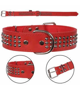 Rotes dreireihiges Lederhalsband mit Nieten, Hundehalsband 40mm/67cm