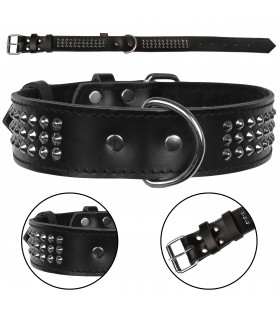 Schwarzes dreireihiges Lederhalsband mit Nieten, Hundehalsband 40mm/67cm