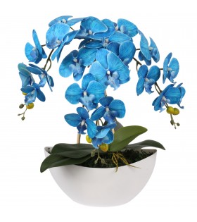 Künstliche Orchidee im Topf, blau, wie lebendig, 3 Stiele 53 cm